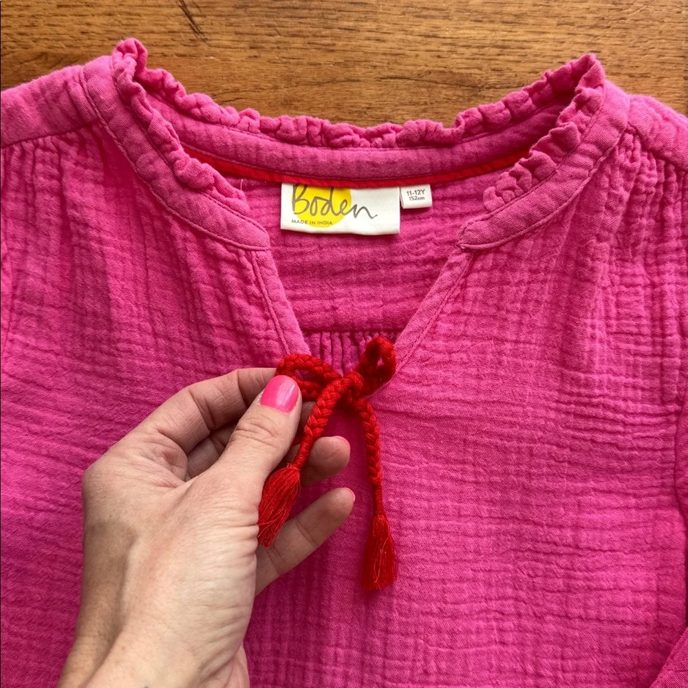 Boden Girls Pink Tiered Gauzy Cotton Dress 11-12y Pockets Long Sleeve Bow Detail